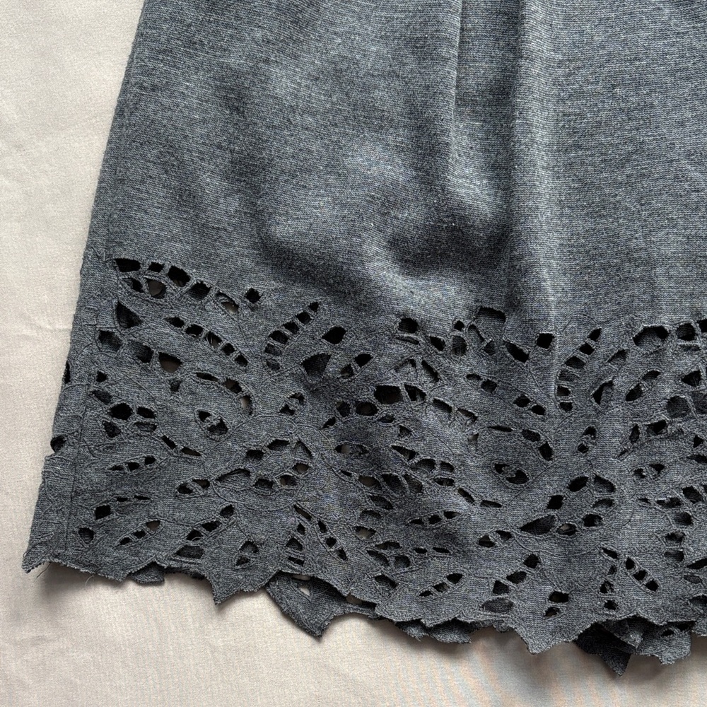 BCBGMAXAZRIA Heather Grey Laser-Cut Eyelet Hem Mini Skirt | Size 8 - Picture 2 of 7